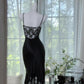 Schwarzes glänzendes Vintage-Kleid mit exquisiter Perlen-Satinspitze, langes Heimkehrkleid, Ballkleid, Abendkleid, Partykleid, gh4823