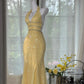 Robe de soirée longue en mousseline de soie jaune brillante et perlée gh4745