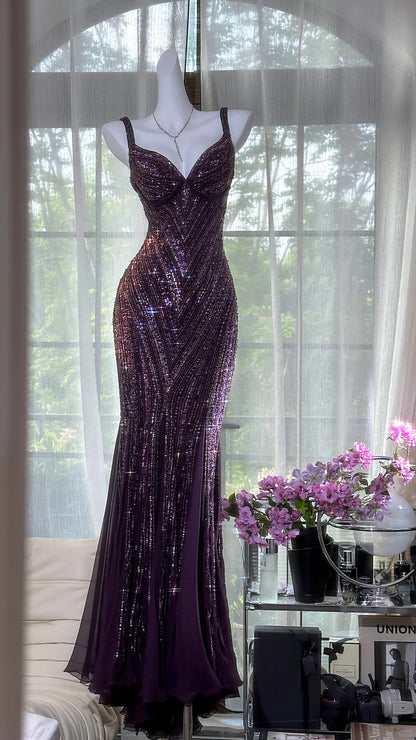 Robe de soirée longue et élégante, luxueuse et luxueuse, avec perles, style violet, gh4889