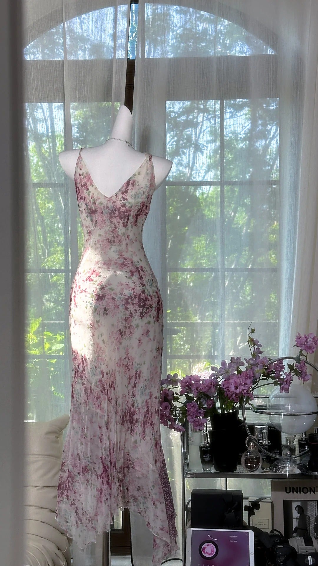 Robe de soirée longue en mousseline de soie à fleurs violettes, style vintage, avec perles, gh4820