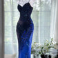 Girlhomeshops-Dark Blue Floral Beaded Elegant Spaghetti Strap Long Chiffon Prom Dress Evening Dress Party Dress Date Dress gh5083