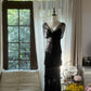 Robe de soirée longue en mousseline de soie, élégante et perlée, noire, à volants, gh4751