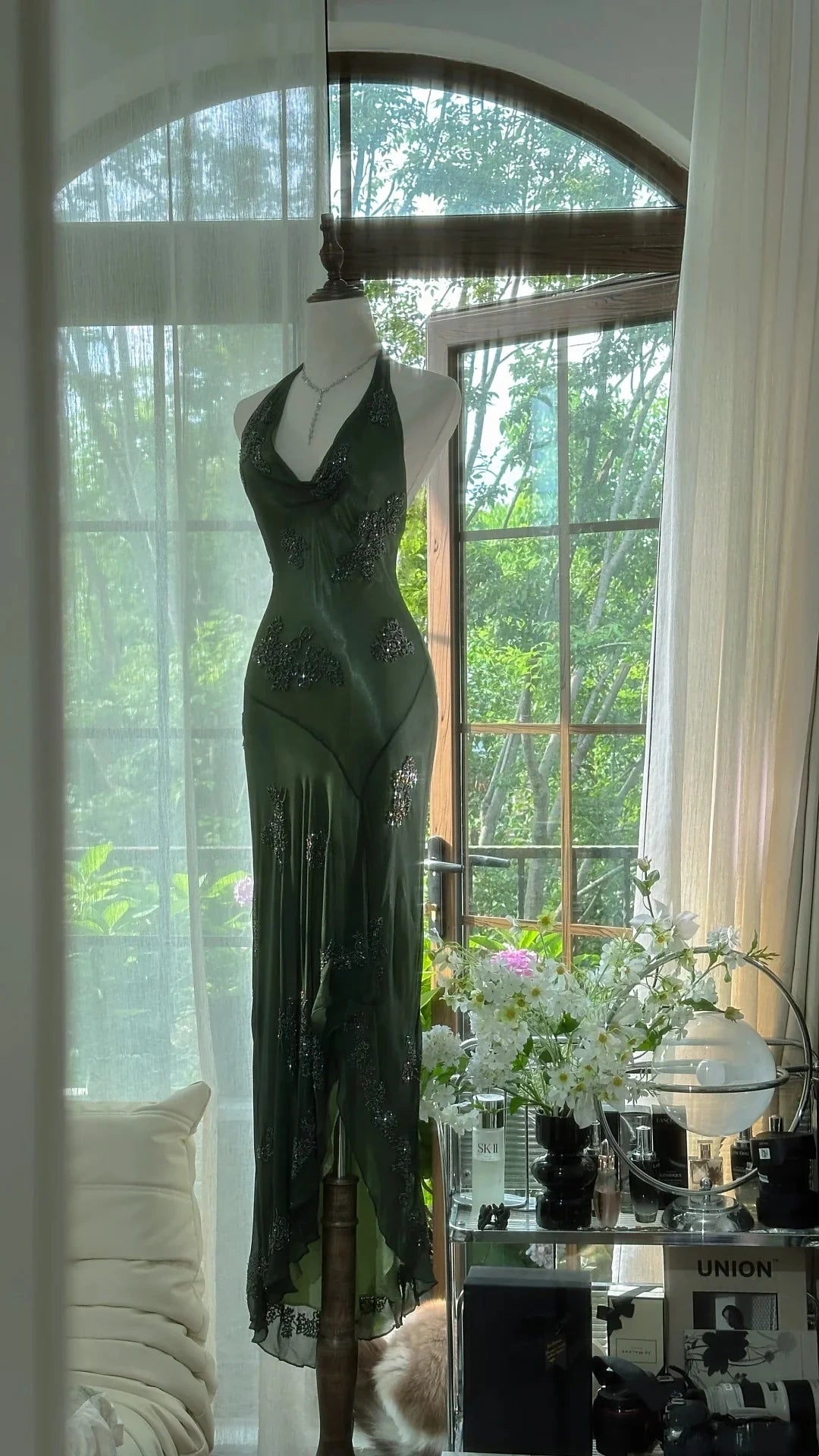 Robe de soirée longue en mousseline de soie, élégante, vert foncé, avec perles, gh4749