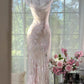 Weiß hellrosa Blumenmode sexy elegante Satin langes Ballkleid Abendkleid Hochzeitspartykleid gh4846