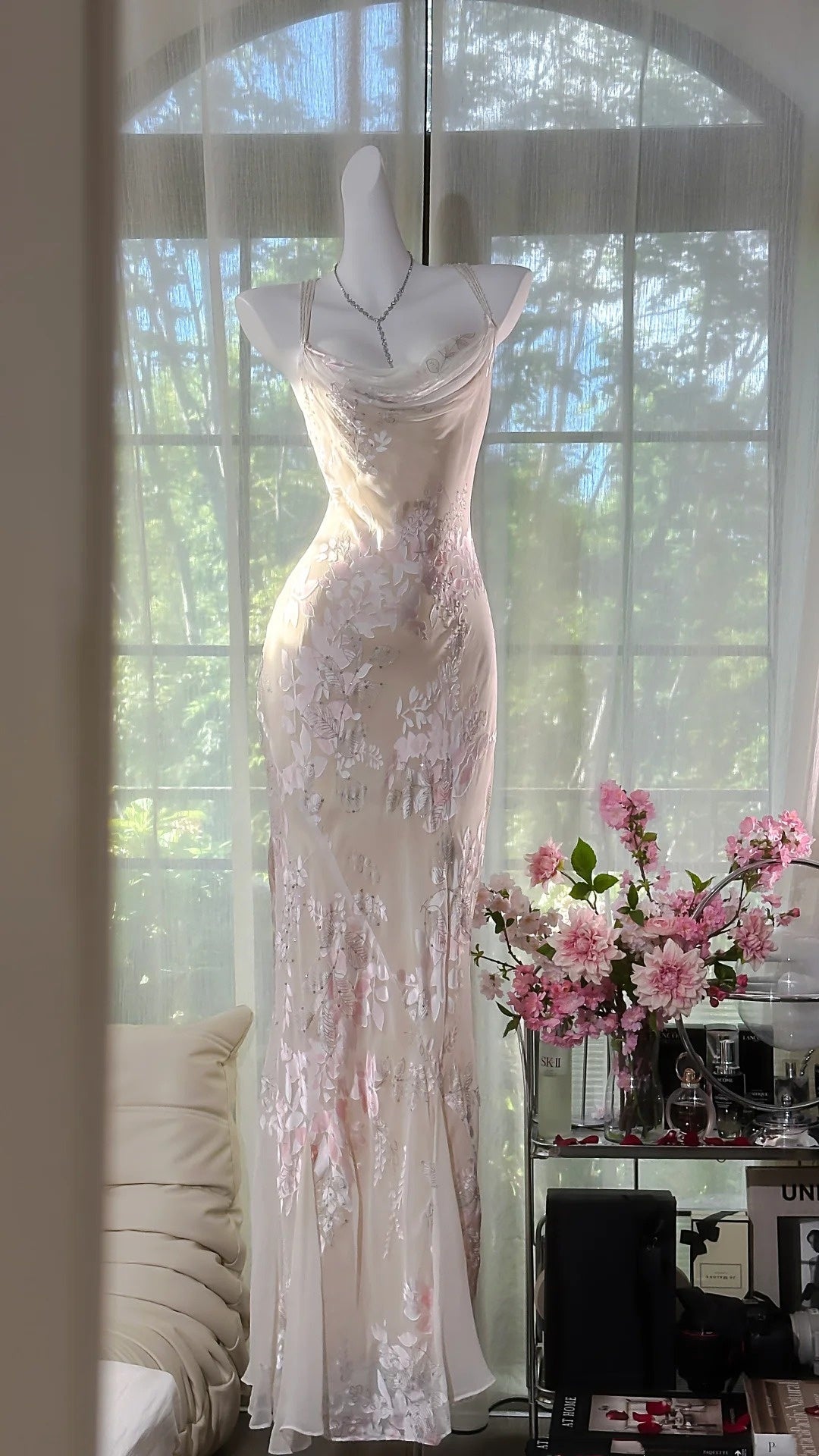 Weiß hellrosa Blumenmode sexy elegante Satin langes Ballkleid Abendkleid Hochzeitspartykleid gh4846