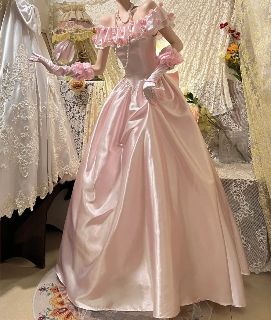 Robe de soirée longue en satin rose, élégante, vintage, à fleurs, avec perles, à la mode, robe de bal, robe de remise de diplôme, robe d'anniversaire, robe de Quinceañera, gh4259