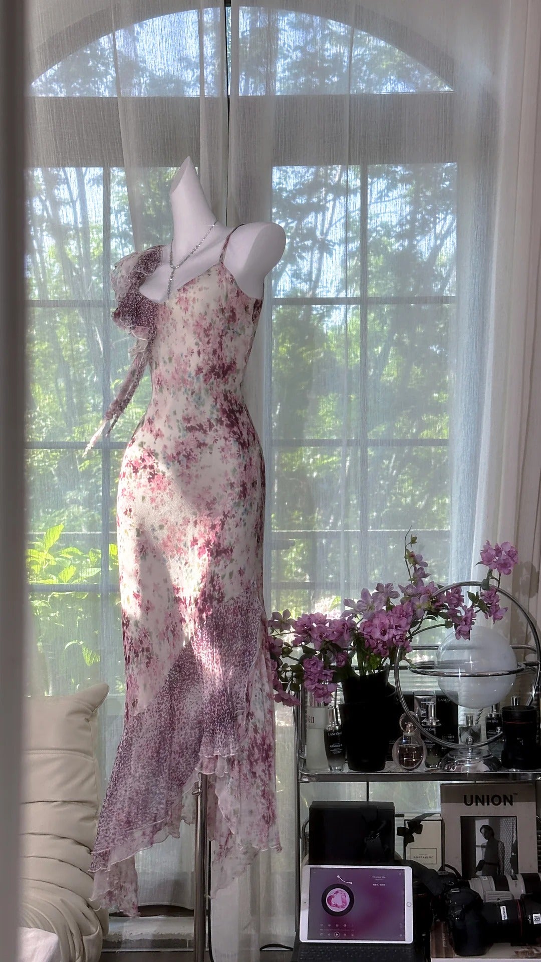 Robe de soirée longue en mousseline de soie à fleurs violettes, style vintage, avec perles, gh4820