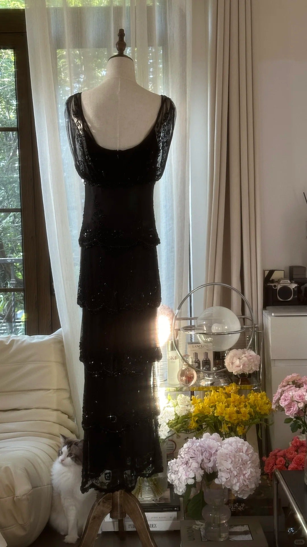 Robe de soirée longue en mousseline de soie, élégante et perlée, noire, à volants, gh4751