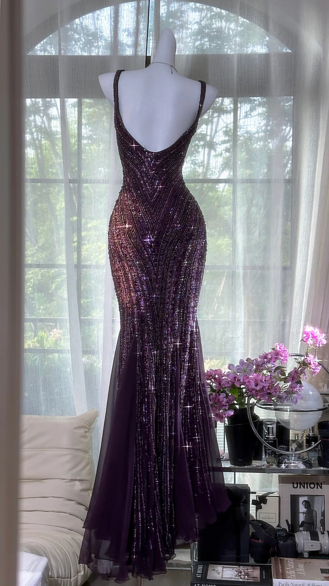 Robe de soirée longue et élégante, luxueuse et luxueuse, avec perles, style violet, gh4889