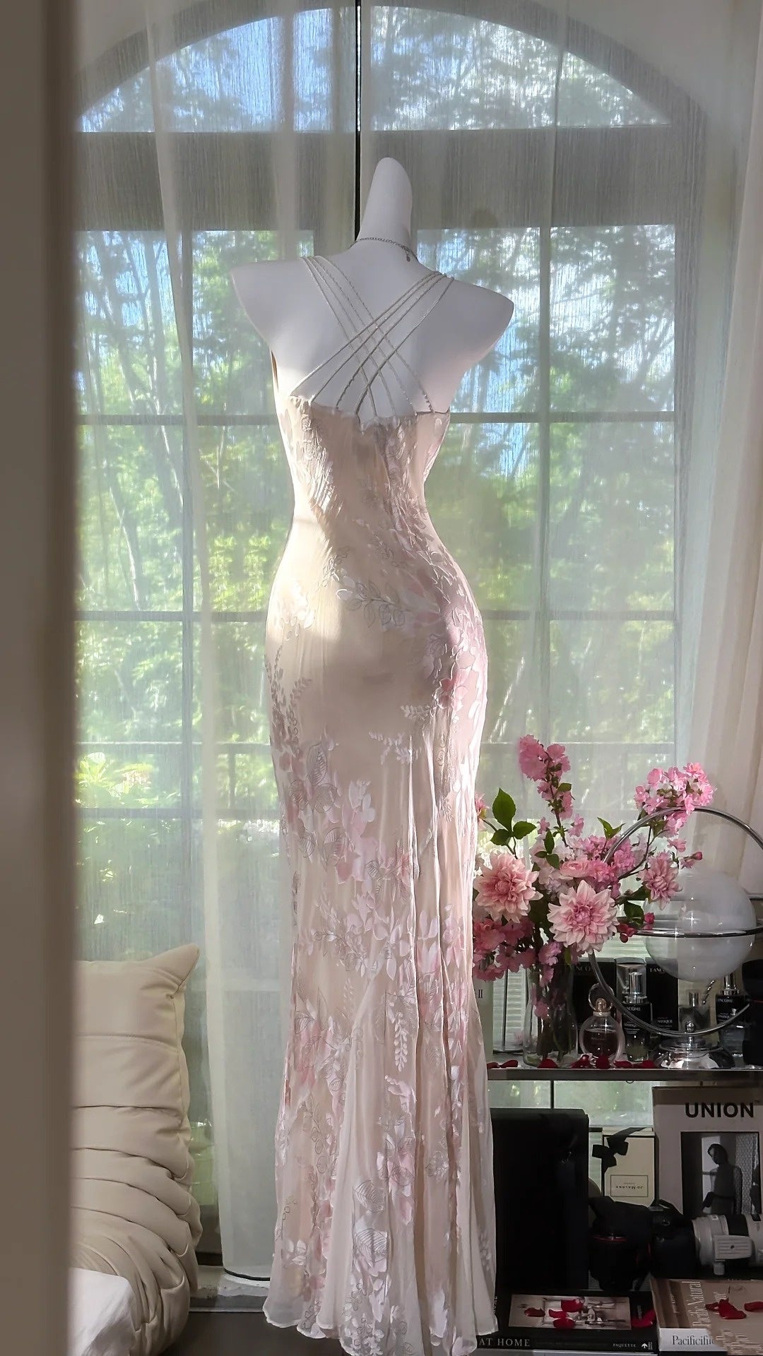 Weiß hellrosa Blumenmode sexy elegante Satin langes Ballkleid Abendkleid Hochzeitspartykleid gh4846