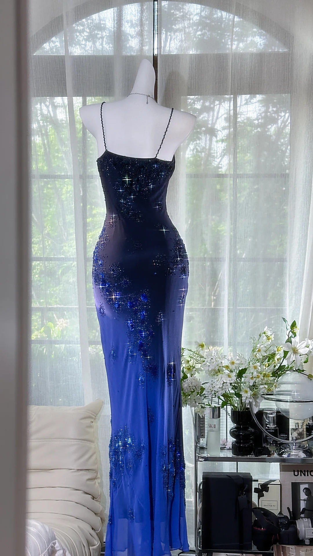 Girlhomeshops-Dark Blue Floral Beaded Elegant Spaghetti Strap Long Chiffon Prom Dress Evening Dress Party Dress Date Dress gh5083
