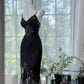 Schwarzes glänzendes Vintage-Kleid mit exquisiter Perlen-Satinspitze, langes Heimkehrkleid, Ballkleid, Abendkleid, Partykleid, gh4823