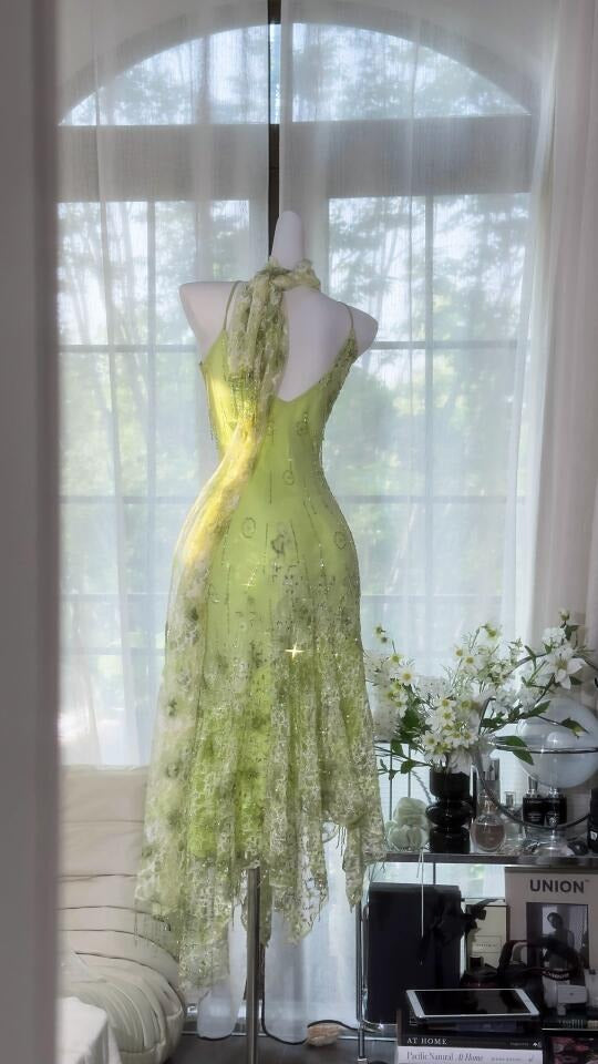 Robe de soirée longue/courte en mousseline de soie, élégante et romantique, verte, gh4399
