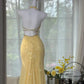 Robe de soirée longue en mousseline de soie jaune brillante et perlée gh4745