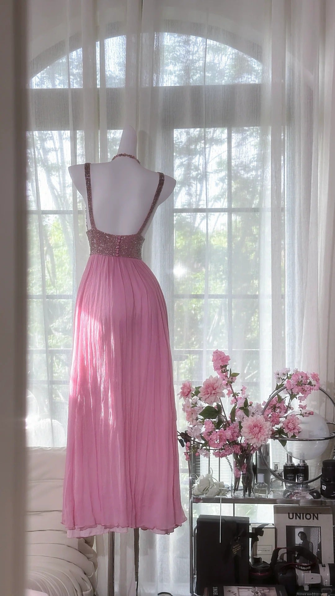 Rosa Elegantes Glänzendes V-Ausschnitt Langes Chiffon Ballkleid Abendkleid Partykleid gh4322