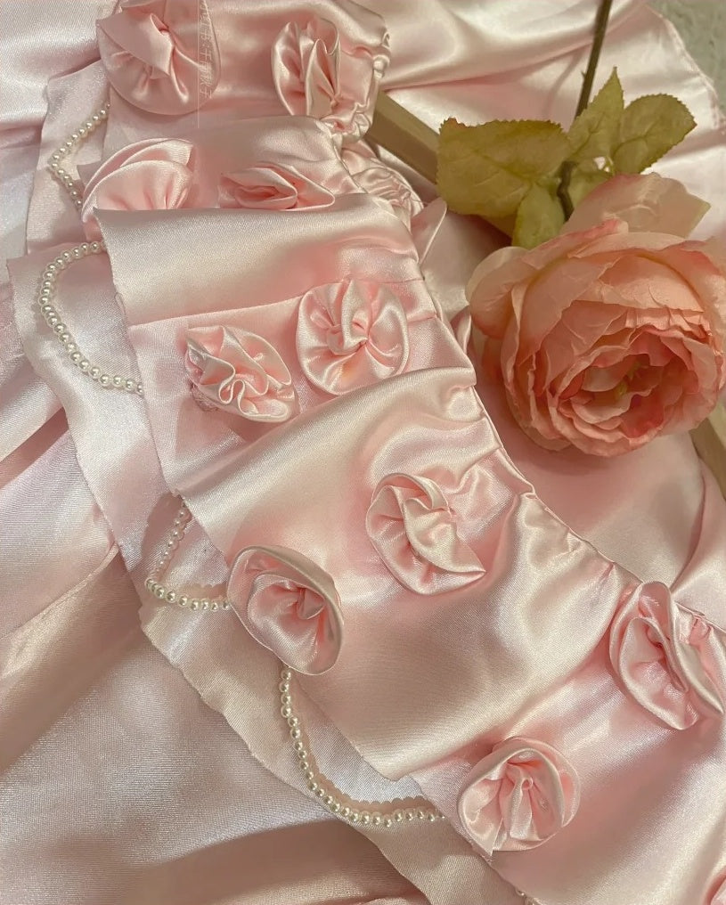 Robe de soirée longue en satin rose, élégante, vintage, à fleurs, avec perles, à la mode, robe de bal, robe de remise de diplôme, robe d'anniversaire, robe de Quinceañera, gh4259