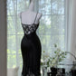Schwarzes glänzendes Vintage-Kleid mit exquisiter Perlen-Satinspitze, langes Heimkehrkleid, Ballkleid, Abendkleid, Partykleid, gh4823