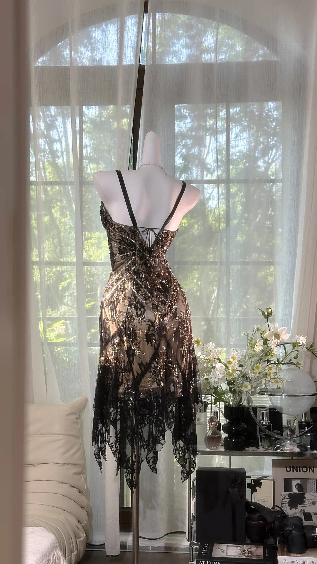 Schwarzbraunes Vintage-Spitzenkleid mit Perlen, kurzes Heimkehrkleid, Ballkleid, Abendkleid, Partykleid, gh4818