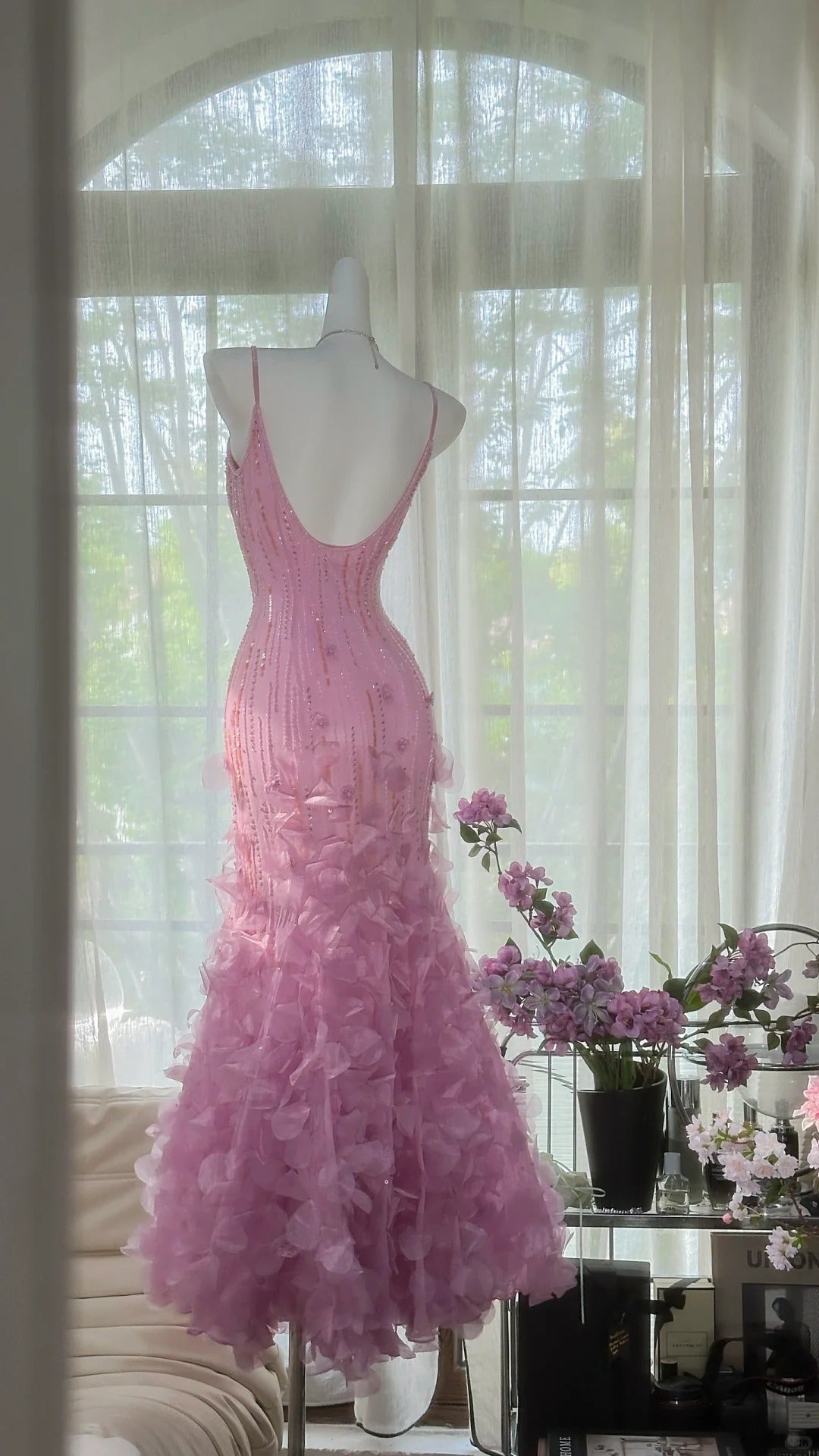 Vintage rosa und lila Meerjungfrau langes schmales Perlen verziertes elegantes Chiffon Homecoming-Kleid Ballkleid Abendkleid Geburtstagspartykleid Date-Kleid gh4682