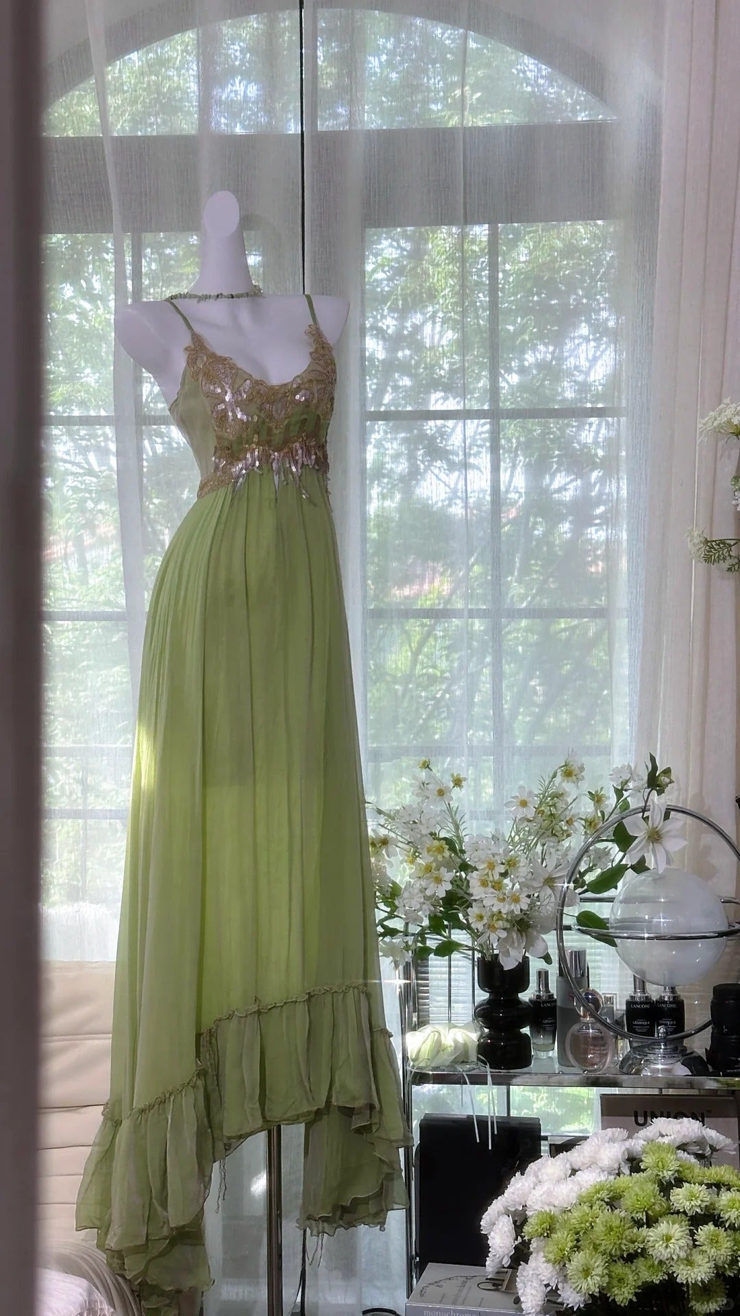 Grüne glänzende Pailletten romantische elegante lange Chiffon Ballkleid Abendkleid Partykleid Datum Kleid gh4614