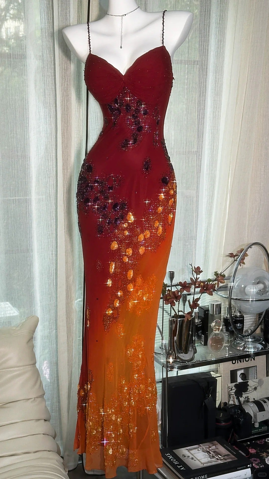 Burgunderrotes, orangefarbenes Ballkleid mit Blumenmuster, lang, Chiffon, für Verabredungen, Abendkleid, Geburtstagskleid, Hochzeitskleid, gh4532