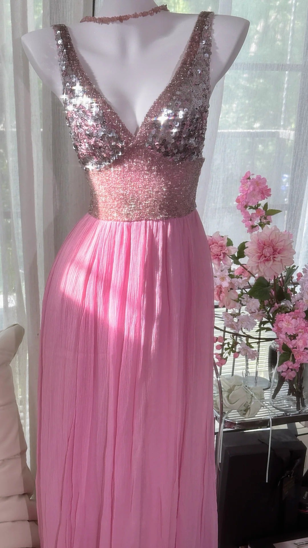 Rosa Elegantes Glänzendes V-Ausschnitt Langes Chiffon Ballkleid Abendkleid Partykleid gh4322