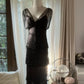 Robe de soirée longue en mousseline de soie, élégante et perlée, noire, à volants, gh4751