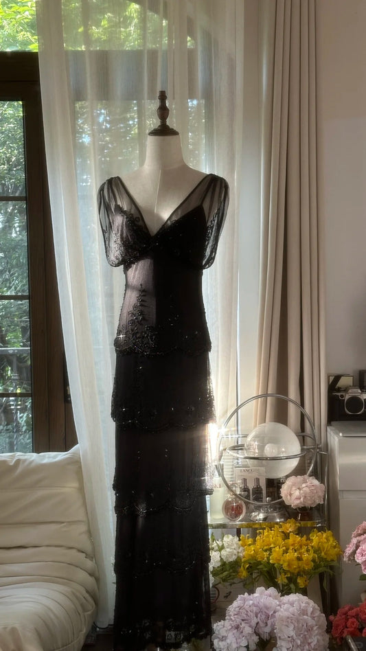 Schwarzes, perlenbesetztes, elegantes, langes, gestuftes Chiffon-Ballkleid, Abendkleid, Partykleid gh4751