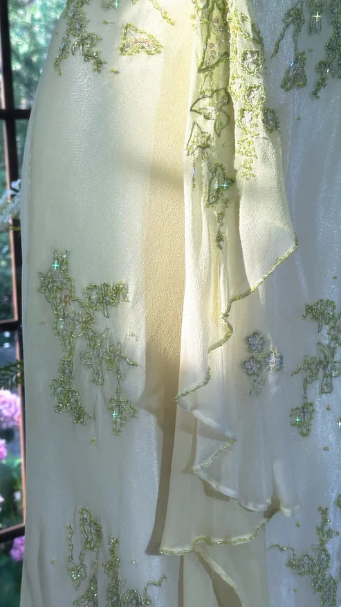 ✨Girlhomeshops-Robe de soirée longue en mousseline de soie, exquise et magnifique, avec perles vertes, gh4987