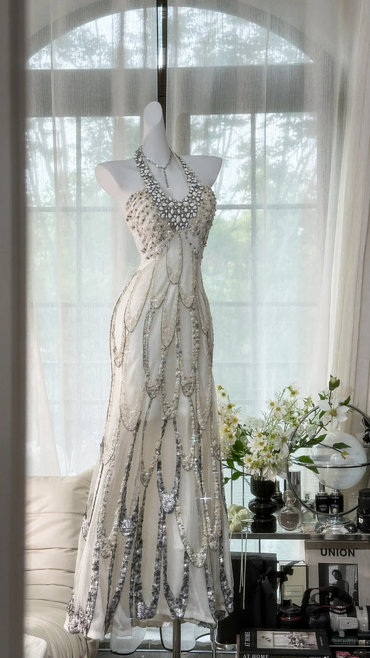 Weißes Perlenbesetztes funkelndes Ballkleid Langes Chiffon-Ballkleid Abendkleid Geburtstagskleid Hochzeitskleid gh4529
