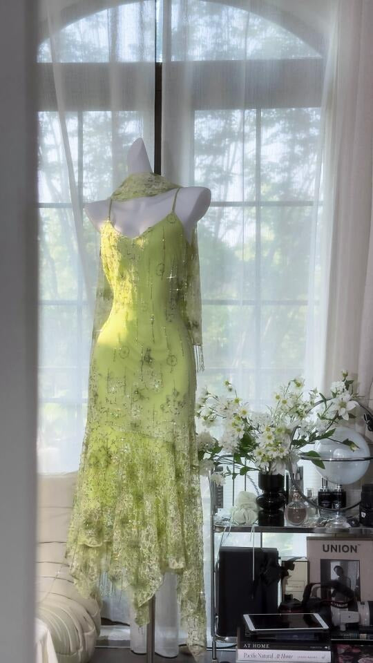 Robe de soirée longue/courte en mousseline de soie, élégante et romantique, verte, gh4399