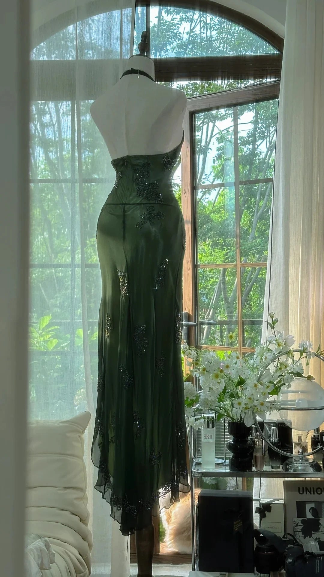 Robe de soirée longue en mousseline de soie, élégante, vert foncé, avec perles, gh4749