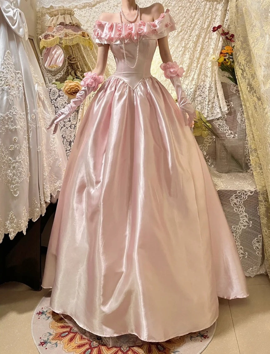 Robe de soirée longue en satin rose, élégante, vintage, à fleurs, avec perles, à la mode, robe de bal, robe de remise de diplôme, robe d'anniversaire, robe de Quinceañera, gh4259