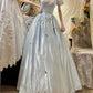 Blue Vintage Elegant Floral Long Satin Floor Length Ball Gown Evening Dress gh4415