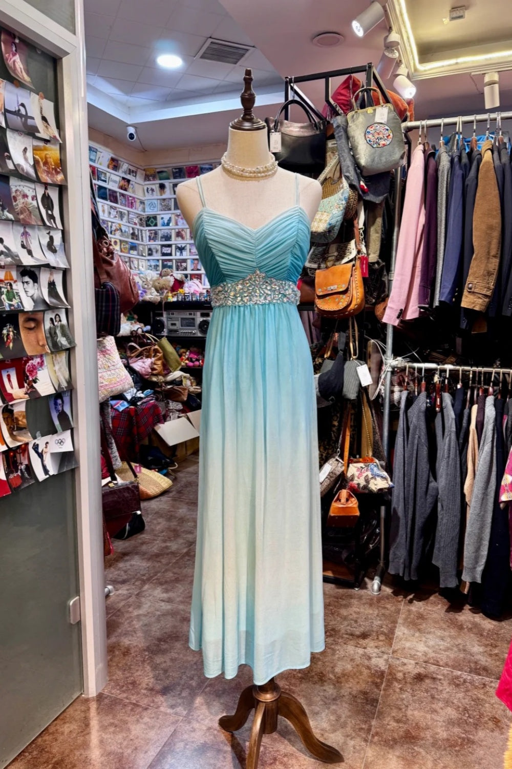 girlhomeshops-Ocean Dream Style Gradient Aqua Chiffon Rhinestone - Waist Spaghetti - Strap Floor - Length Evening Dress gh5885
