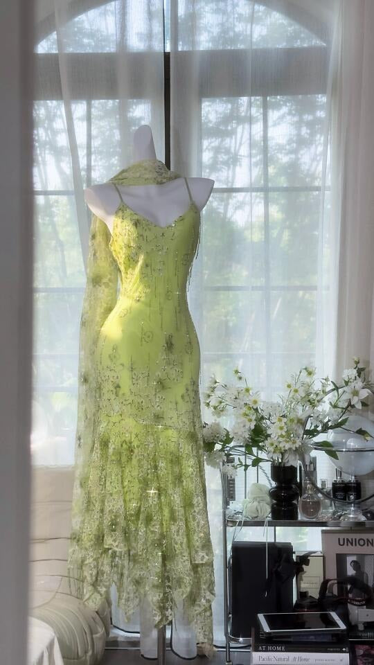 Robe de soirée longue/courte en mousseline de soie, élégante et romantique, verte, gh4399