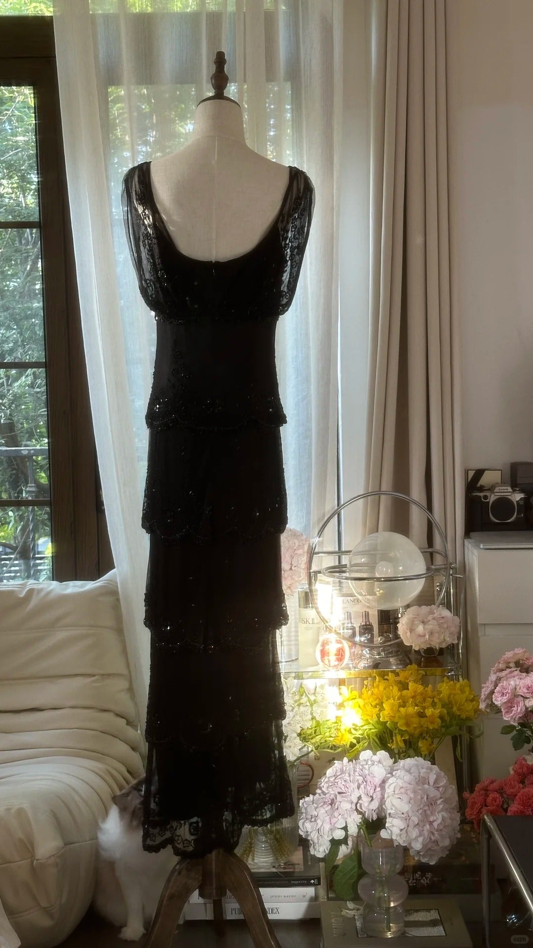 Robe de soirée longue en mousseline de soie, élégante et perlée, noire, à volants, gh4751
