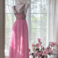 Rosa Elegantes Glänzendes V-Ausschnitt Langes Chiffon Ballkleid Abendkleid Partykleid gh4322