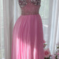 Rosa Elegantes Glänzendes V-Ausschnitt Langes Chiffon Ballkleid Abendkleid Partykleid gh4322