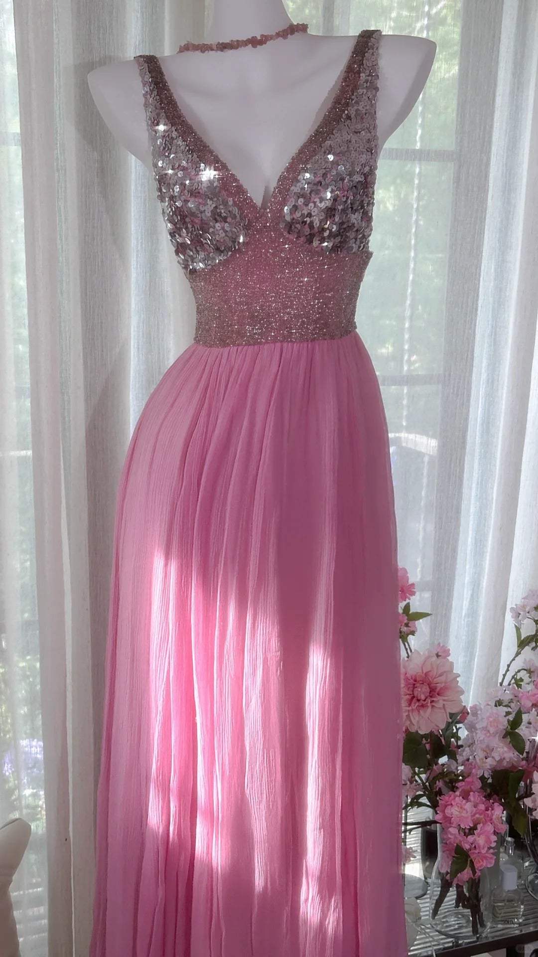 Rosa Elegantes Glänzendes V-Ausschnitt Langes Chiffon Ballkleid Abendkleid Partykleid gh4322