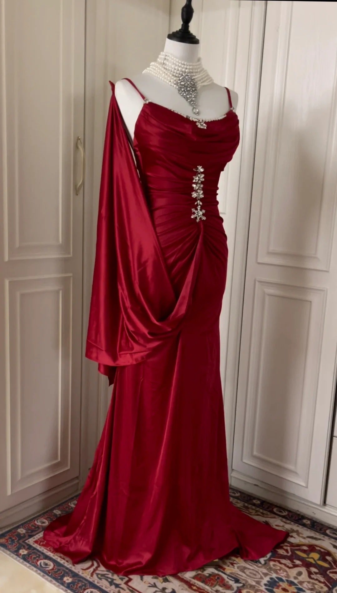 Robe de soirée élégante et vintage, style bordeaux, longueur au sol, style bal, gh4265