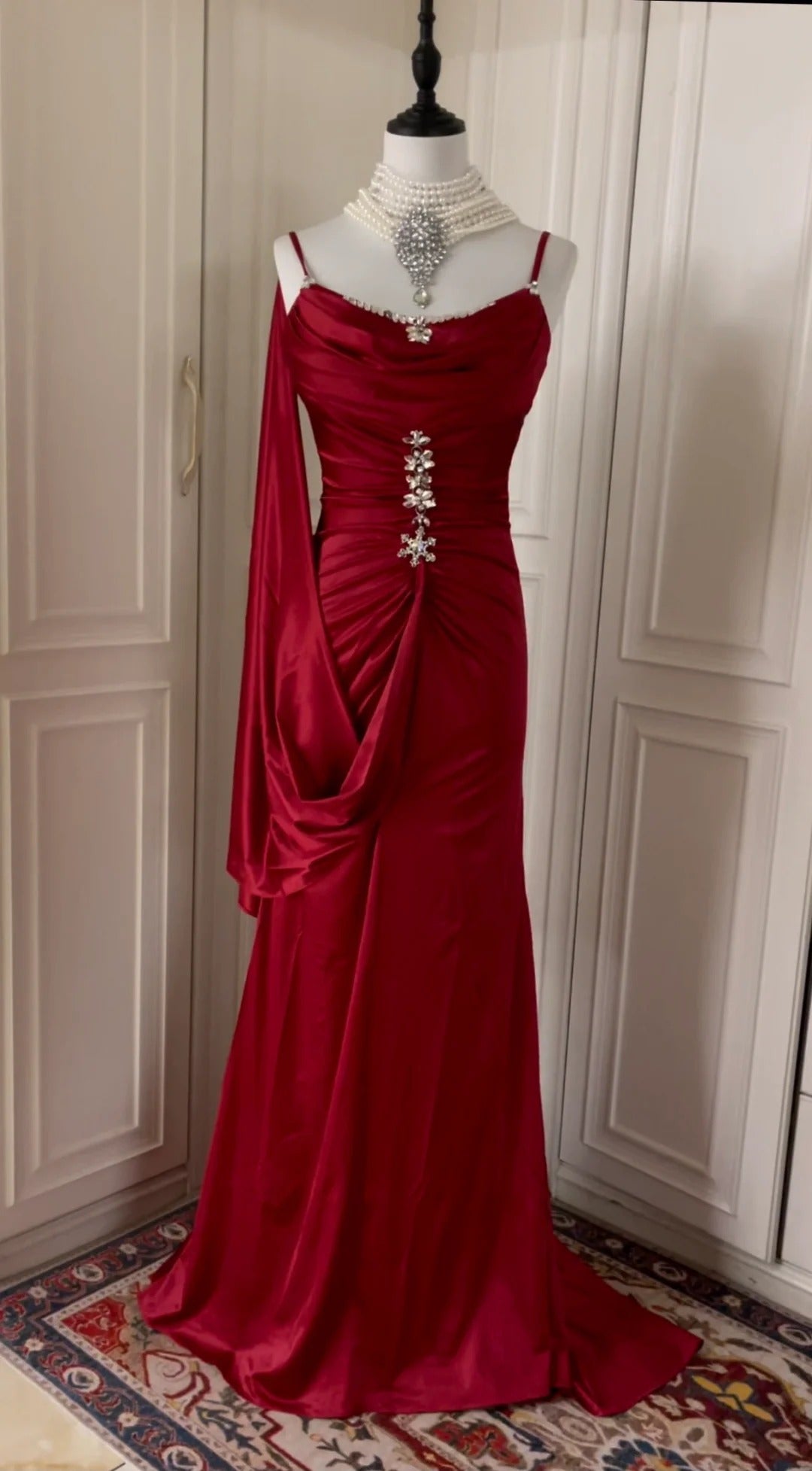 Robe de soirée élégante et vintage, style bordeaux, longueur au sol, style bal, gh4265