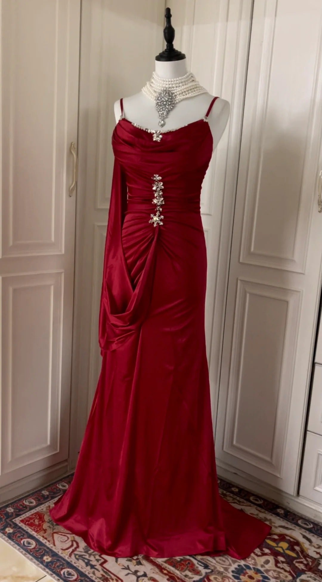 Robe de soirée élégante et vintage, style bordeaux, longueur au sol, style bal, gh4265