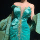 Robe de soirée sirène longue en satin et mousseline de soie, bleu vert, perles, à la mode, gh4923