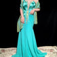 Robe de soirée sirène longue en satin et mousseline de soie, bleu vert, perles, à la mode, gh4923