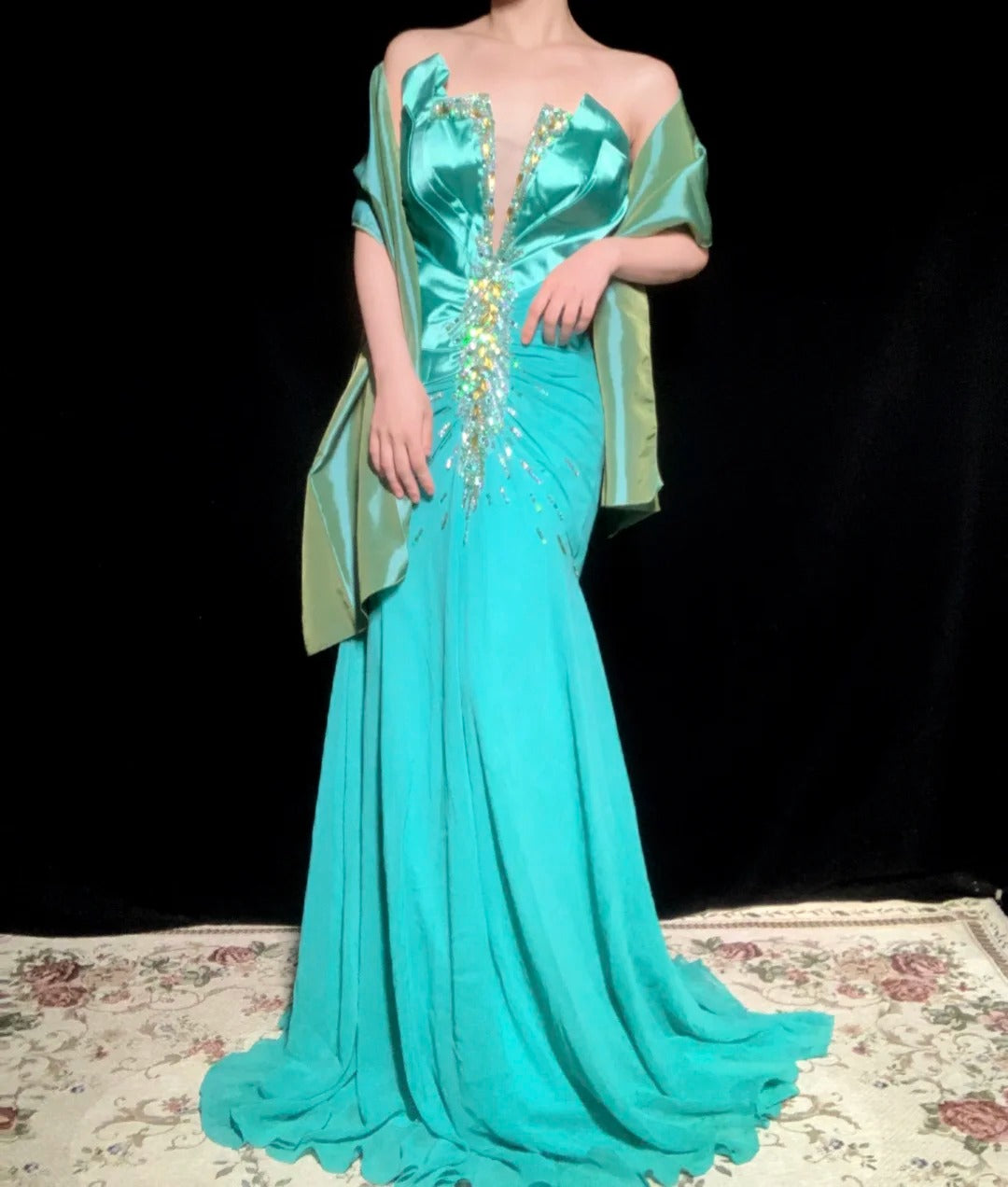 Robe de soirée sirène longue en satin et mousseline de soie, bleu vert, perles, à la mode, gh4923