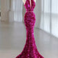 Pink Gorgeous Shiny Exquisite Beaded Halter Long Mermaid Slim Sequin Floor Length Ball Gown Evening Gown Party Dress gh3395