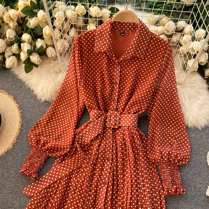 Fashionable A Line Polka Dot Long Sleeve Dress Fashion Dress  10924