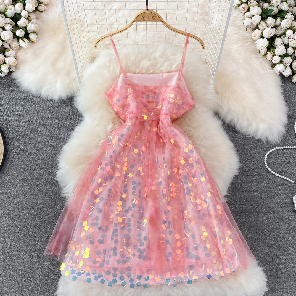 Robe à bretelles en maille rose pailletée pour femme été 11003
