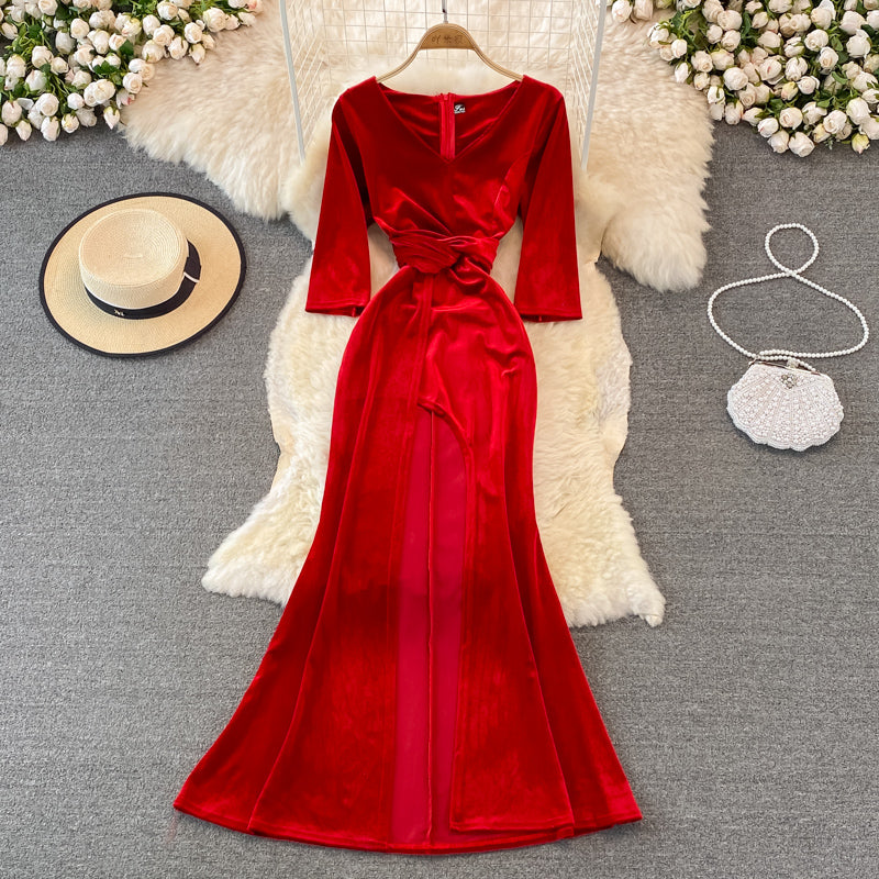 Stylish V Neck Velvet Long Dress Fahsion Dress  10938